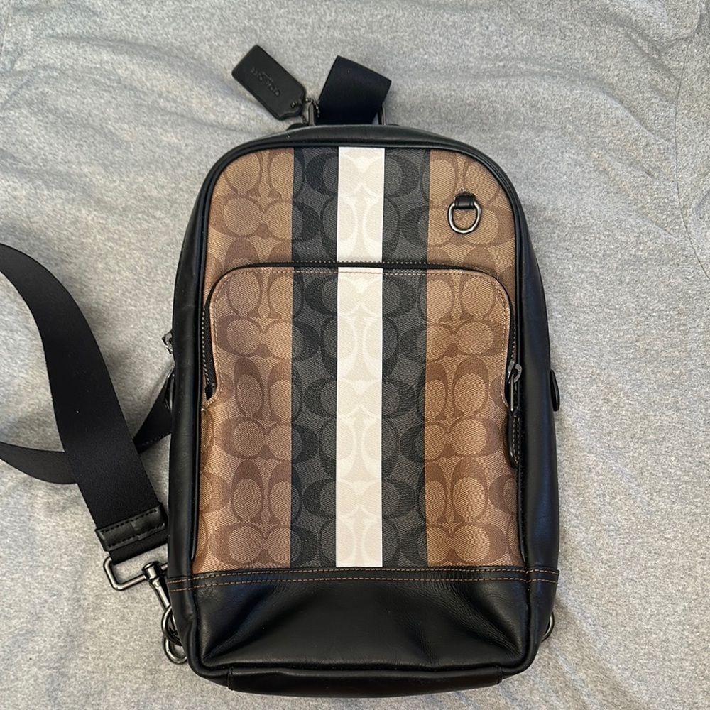 Coach Men's Brown and Black Stripe Backpack